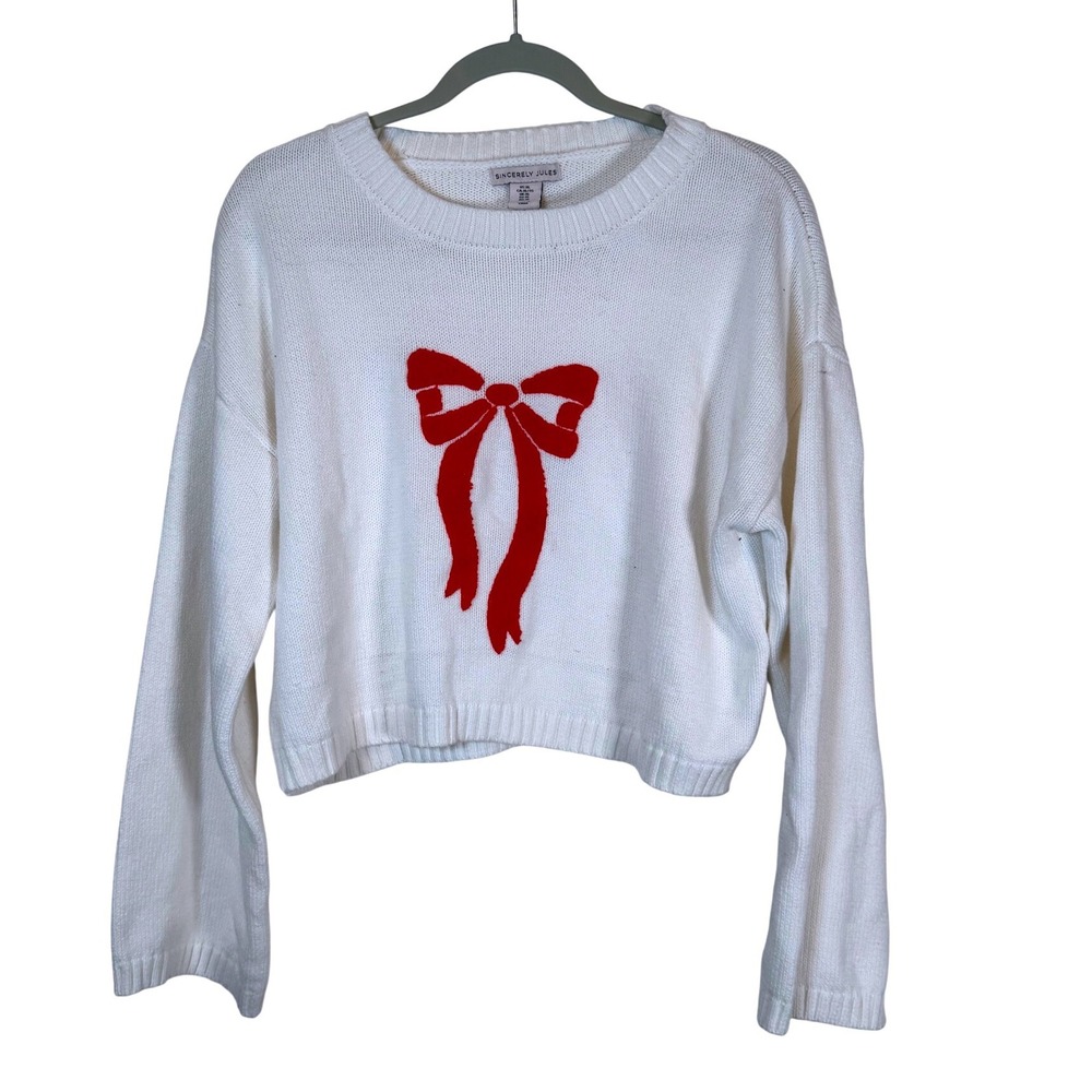 Sincerely‎ Jules White Cropped Sweater Red Bow Knit Pullover Women's XL